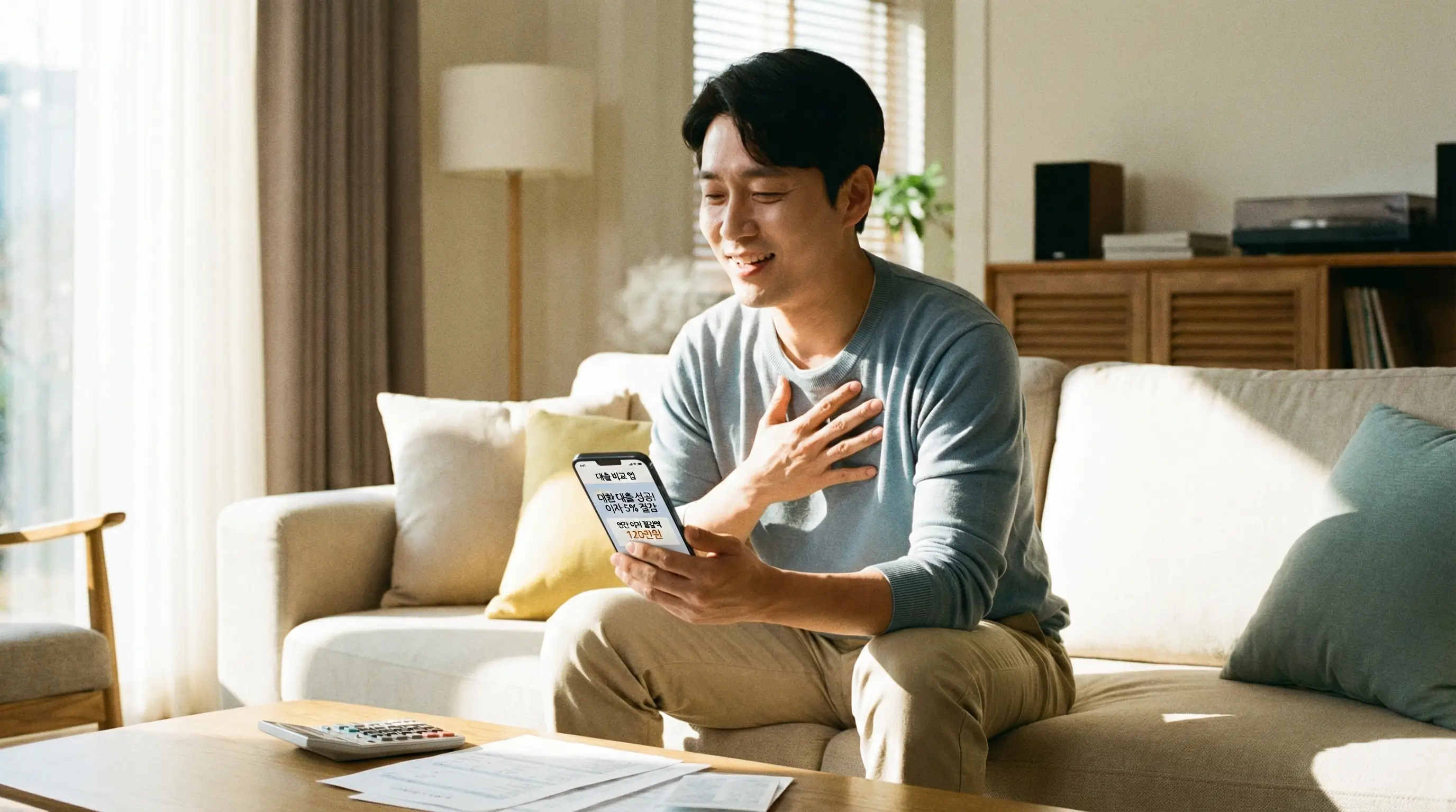 스마트폰 대출 비교 앱으로 금리를 낮추고 대환 대출에 성공하여 이자를 절감하는 안도하는 모습