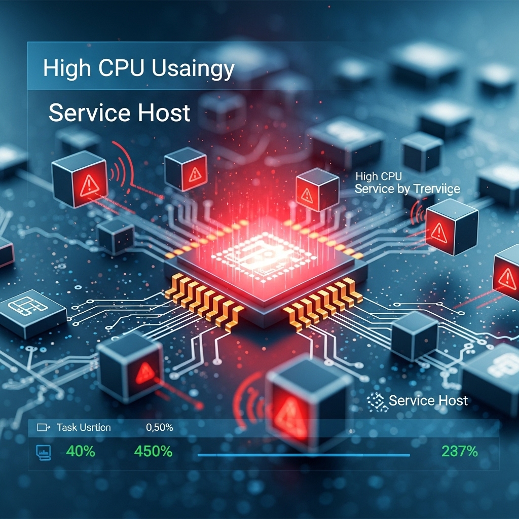 CPU 과부하로 인해 붉게 빛나는 컴퓨터 프로세서 이미지와 그 주변을 감싸는 복잡한 서비스 호스트 프로세스 아이콘들. 윈도우 운영체제의 높은 CPU 점유율 문제를 시각적으로 표현.