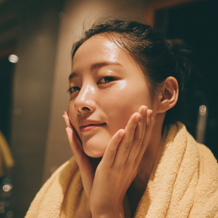 세안후 거울을 보는 여성