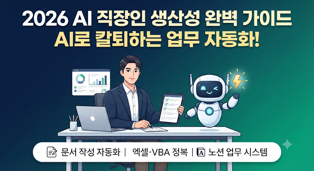 '2026 AI 직장인 생산성 완벽 가이드'를 주제로, 사무실 책상에서 체크리스트가 뜬 태블릿을 든 직장인과 번개 아이콘을 들고 윙크하는 AI 로봇, 그리고 '문서 작성 자동화, 엑셀·VBA 정복, 노션 업무 시스템' 배너가 포함된 블로그 썸네일 이미지입니다.
