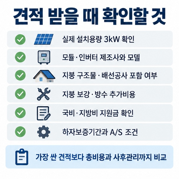 태양광 설치 견적에서 용량 모듈 인버터 구조물 추가공사 보조금 A/S를 확인하는 체크리스트