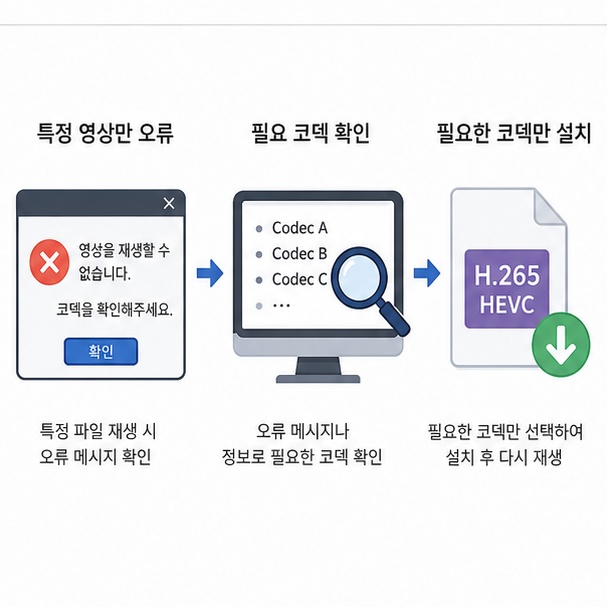 특정 영상에서 코덱 오류가 발생하면 필요한 외부 코덱을 확인해 설치하는 순서를 설명한 이미지
