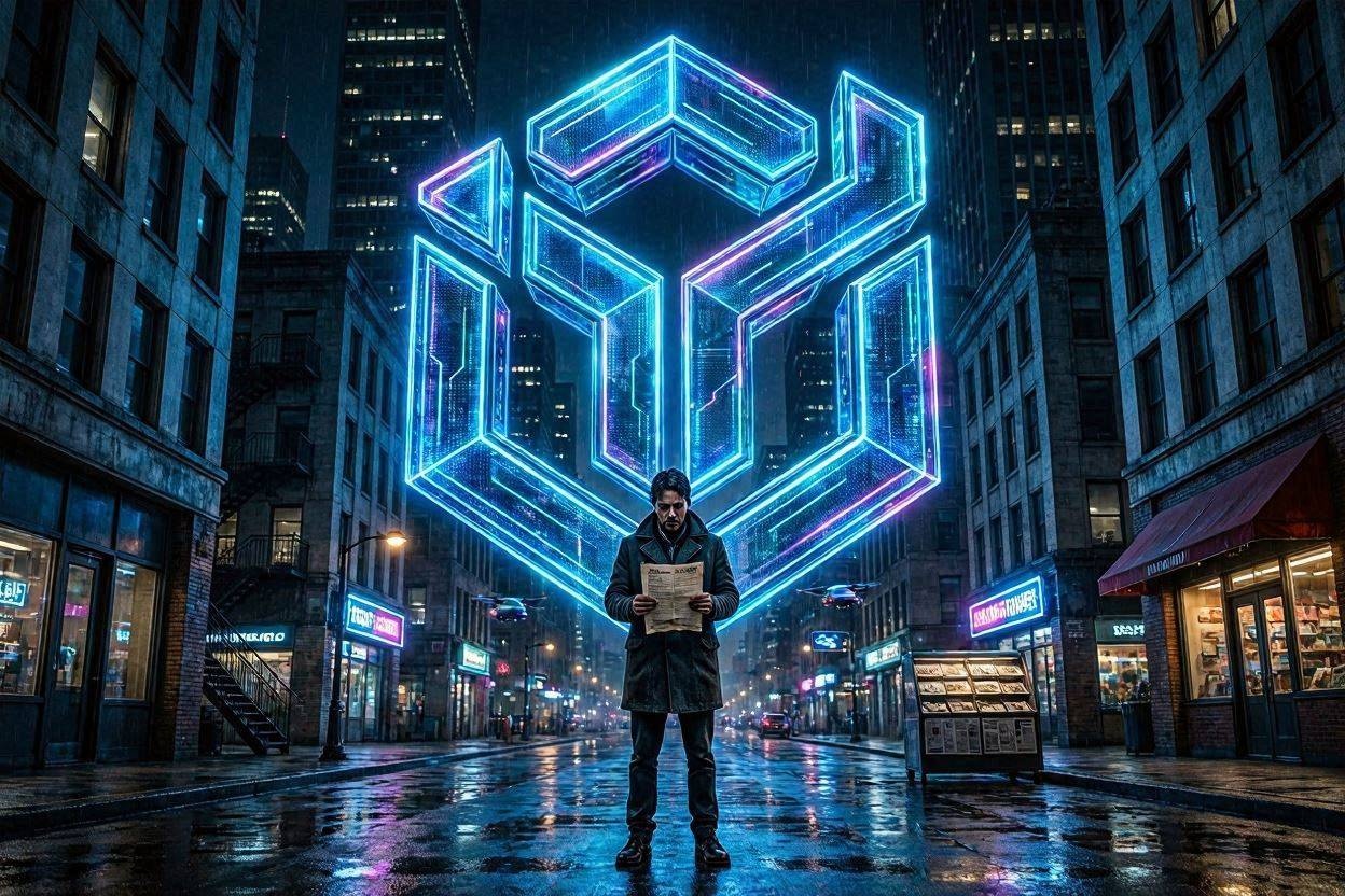 A cyberpunk-style illustration of a weary citizen holding a tattered social contract, standing in the shadow of a massive, glowing holographic logo of an AI tech monopoly dominating the city.