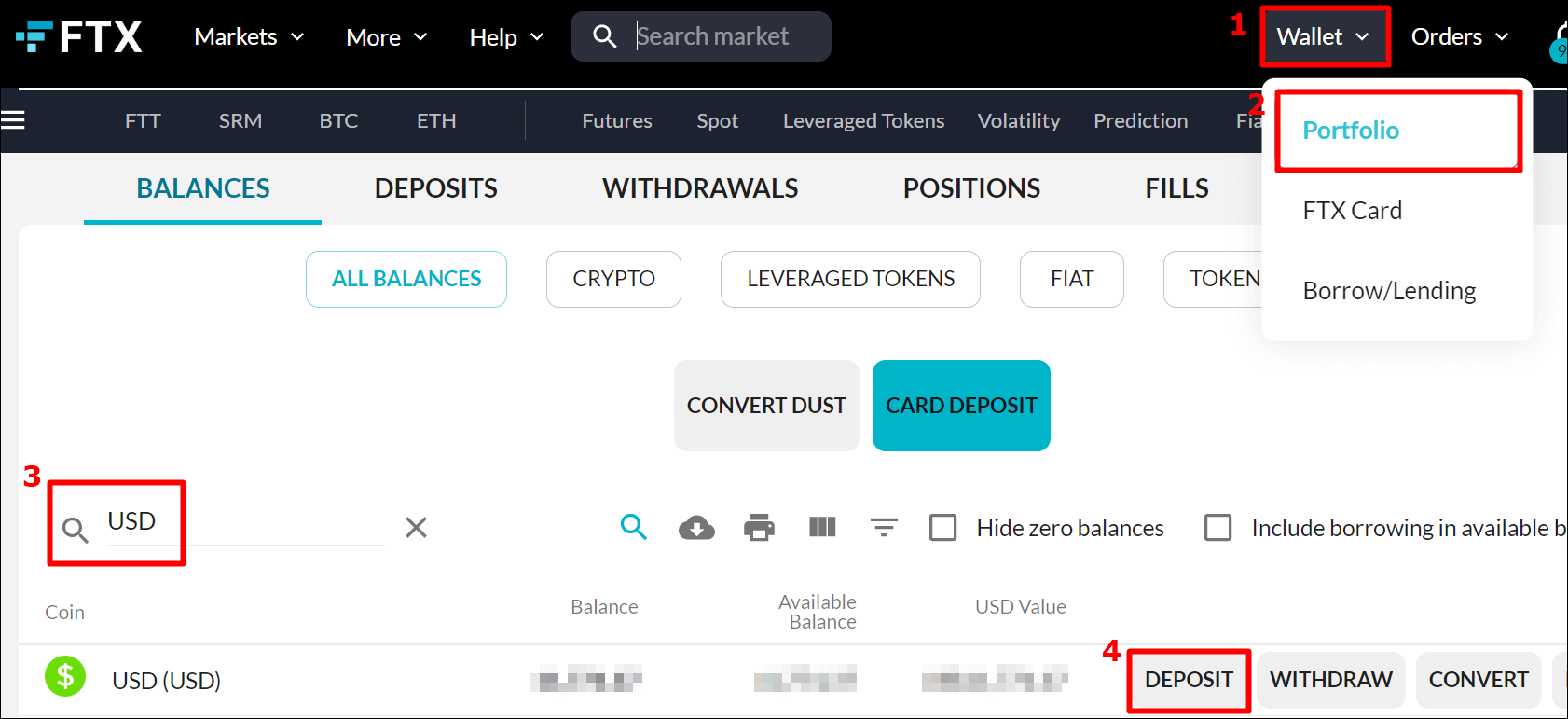 FTX 거래소에서 Deposit 버튼이 있는 화면을 띄워놨음
