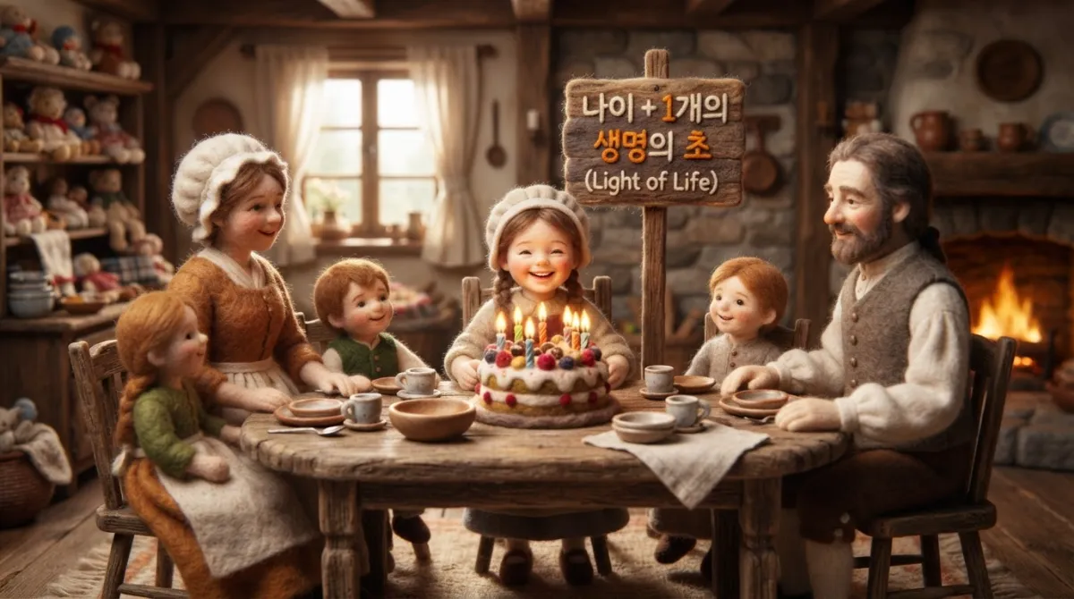 18세기 독일의 킨더페스트 어린이 생일 축제 장면을 니들 펠트 양모 인형 스타일로 표현한 따뜻한 일러스트레이션. 나이보다 한 개 많은 촛불이 켜진 케이크와 가족들이 둘러앉아 있고, 한글로 '나이 + 1개의 생명의 초 (Light of Life)'라고 적힌 나무 표지판이 있음