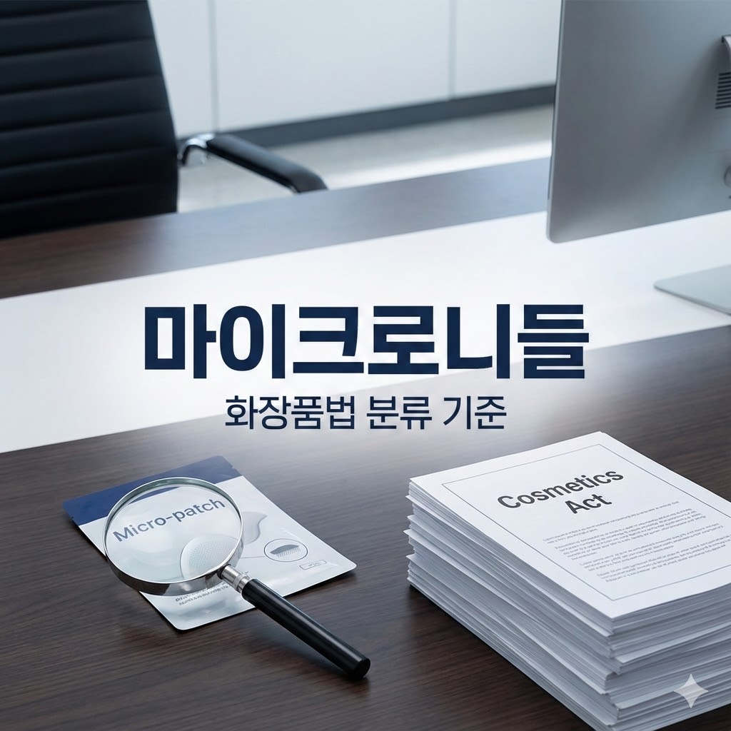 마이크로니들과 화장품법 분류 기준이라는 텍스트가 적힌, 돋보기로 화장품 성분을 검토하는 전문적인 행정사 책상 이미지