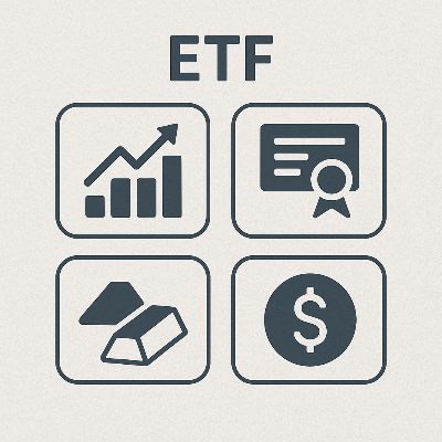 Abstract business icons showing ETF asset classes like stocks bonds commodities currencies