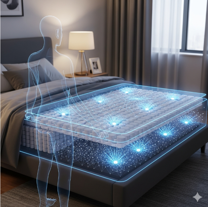 침실에 있는 AI 매트리스의 내부 구조를 보여주는 투명한 이미지. 매트리스 속 센서들이 사용자의 체압과 움직임을 감지하는 모습을 시각적으로 표현
