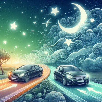 하늘과 별을 배경으로 한 고급 자동차와 함께 꿈을 꾸는 장면