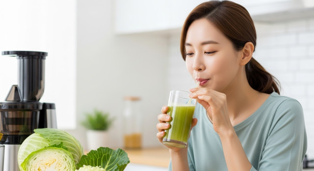 따뜻한 양배추즙 마시는 여성