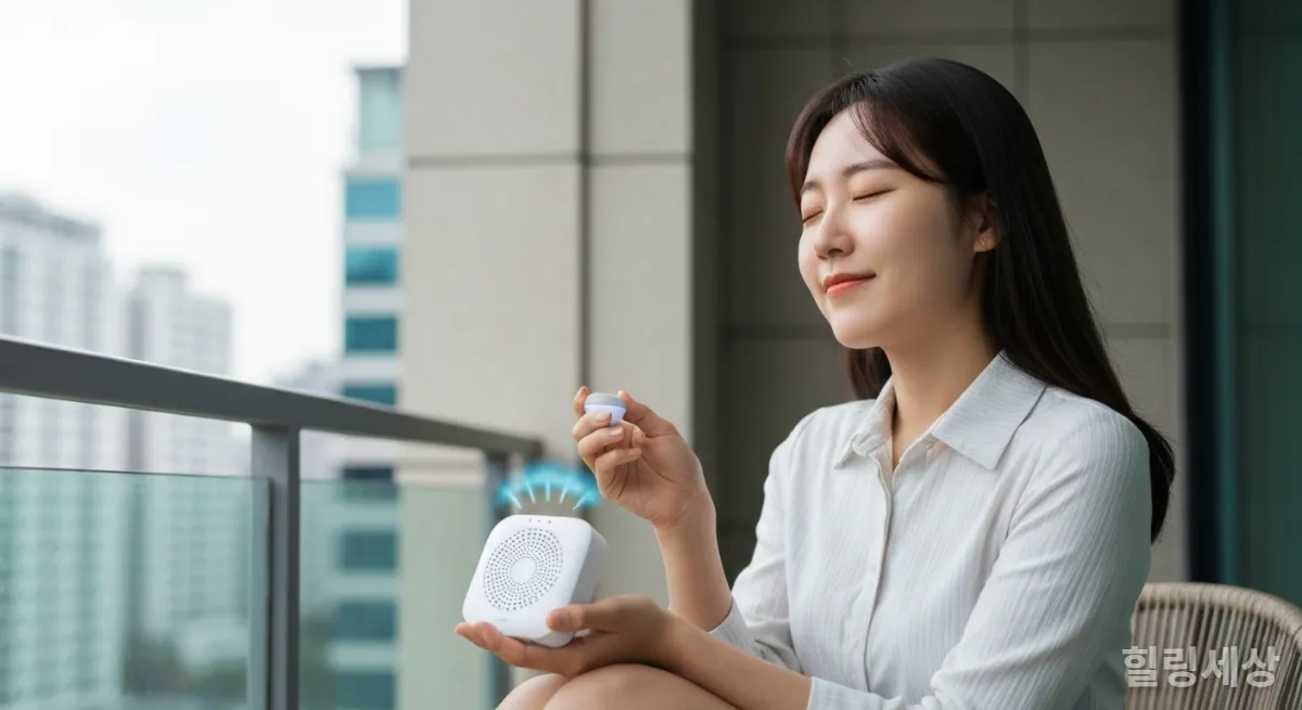 발코니에서 파도 소리를 들으며 휴식하는 한국인 직장인