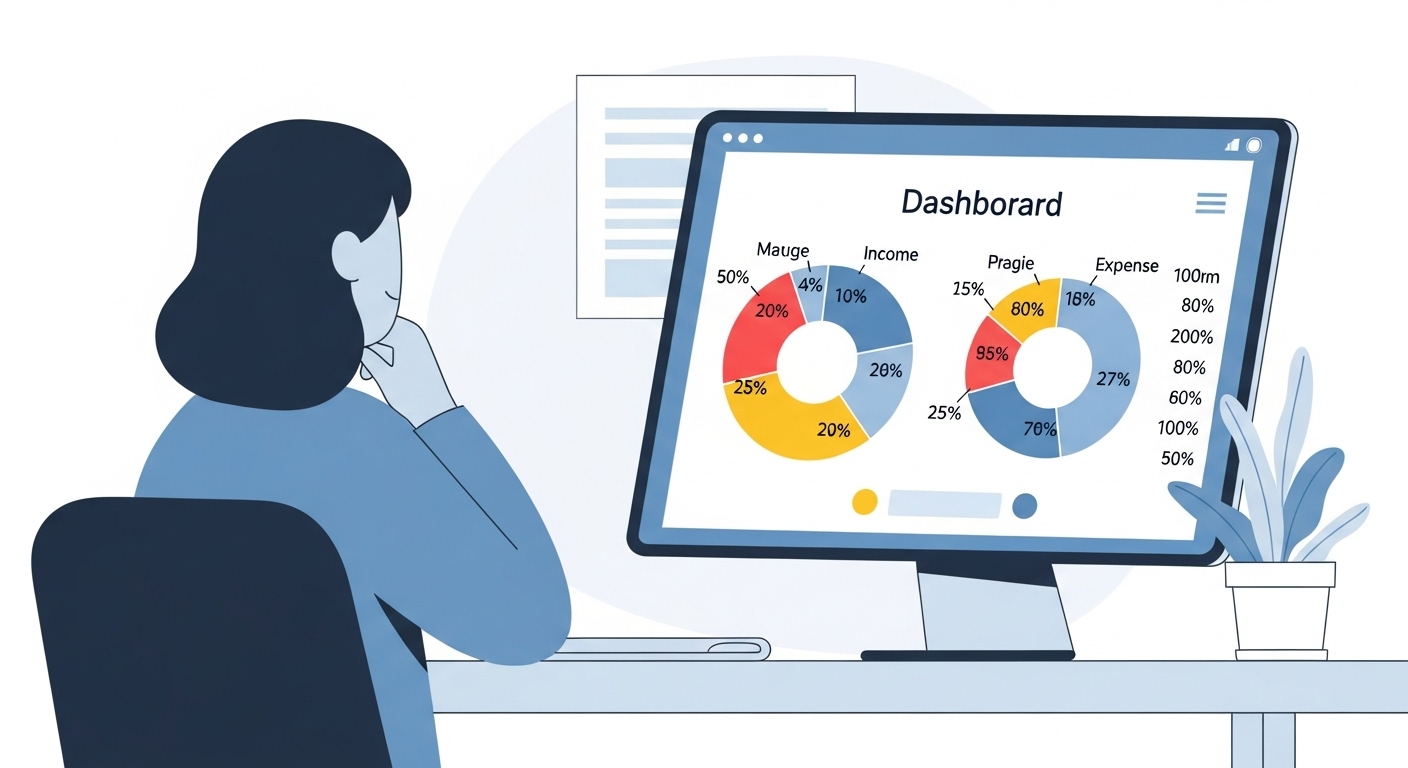 사람이 태블릿으로 수입과 지출을 나타내는 재정 대시보드를 확인하는 모습.