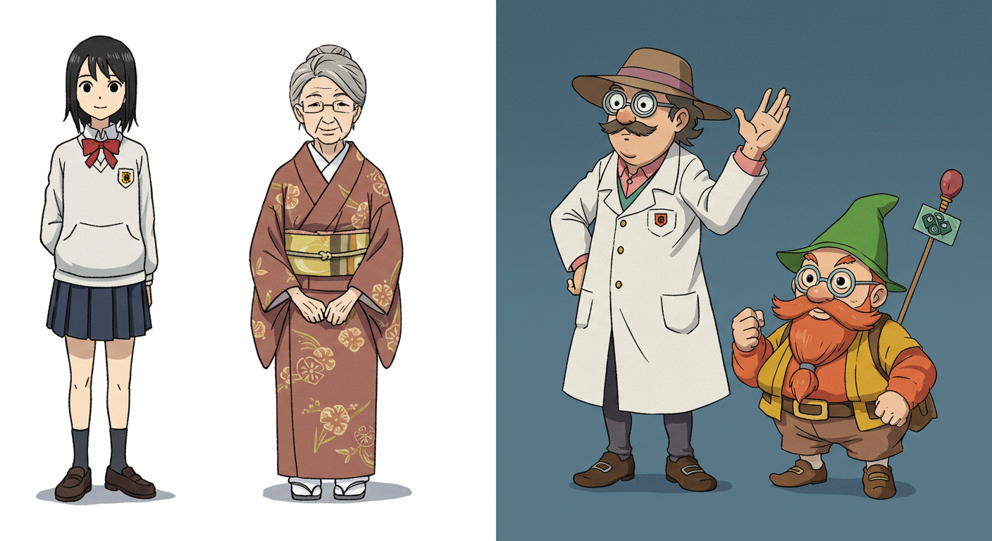 왼쪽에는 일본 애니메이션 스타일의 조연 캐릭터. 오른쪽에는 서양 애니메이션 스타일의 조연 캐릭터