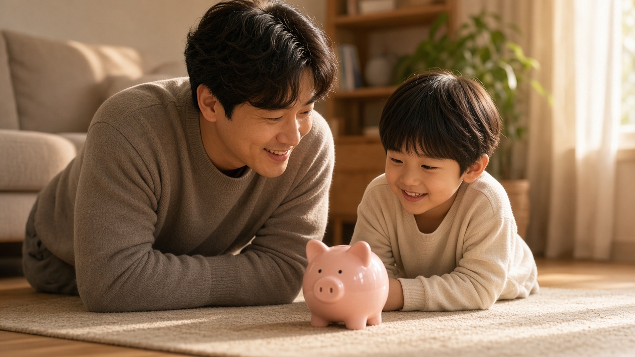 거실에서 아이와 함께 저금통을 보며 웃는 30대 한국인 아빠