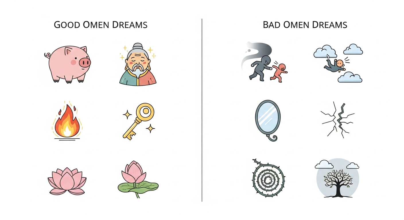 한국인의 대표 길몽과 흉몽을 아이콘으로 정리한 이미지