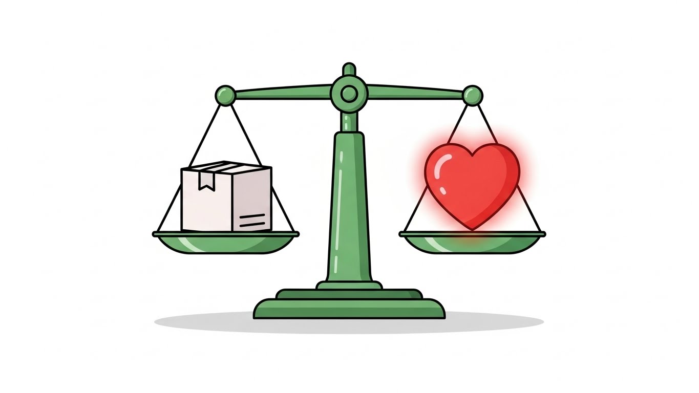 비즈니스에서 단순한 상품보다 고객의 마음을 얻는 가치가 더 중요함을 보여주는 그래픽