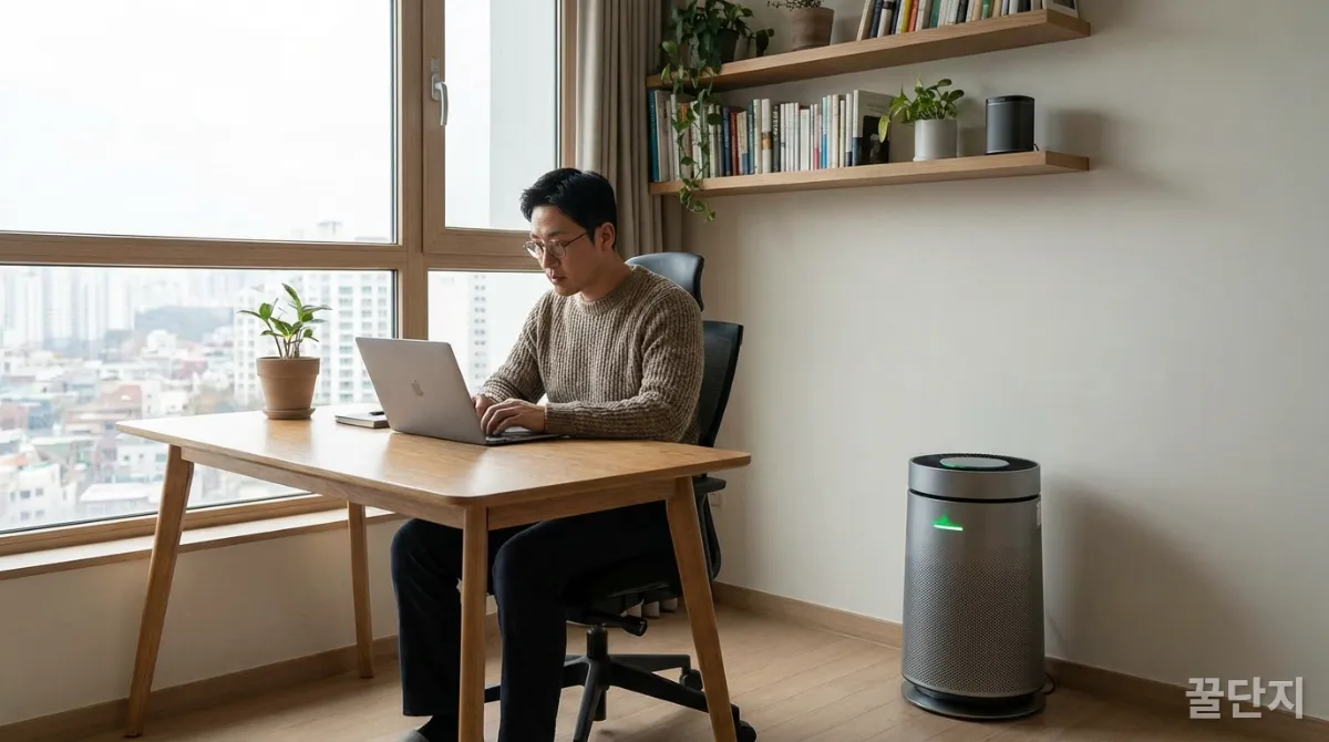 한국인 남성이 스마트 기기로 둘러싸인 홈 오피스에서 집중하여 일하는 모습.