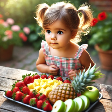 쟁반에 놓여 있는 과일들을 먹고 싶은 눈으로 보고있는 아이의 모습 관련 사진