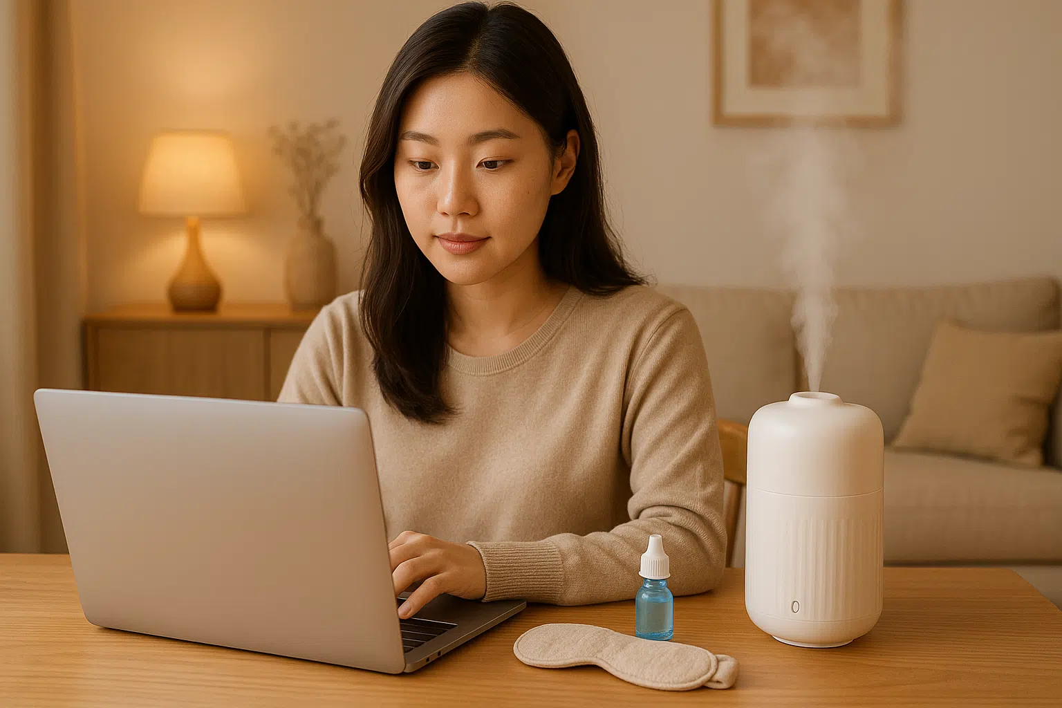 책상 위 노트북, 인공눈물, 온열 안대, 가습기가 함께 놓인 장면