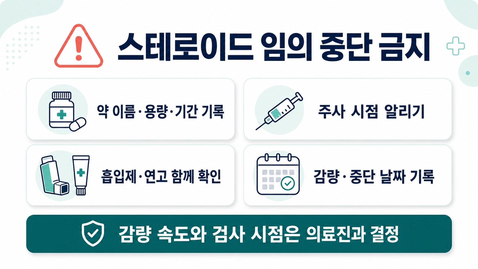 스테로이드 약과 주사 흡입제 연고 사용 기록 및 임의 중단 금지를 정리한 주의 안내