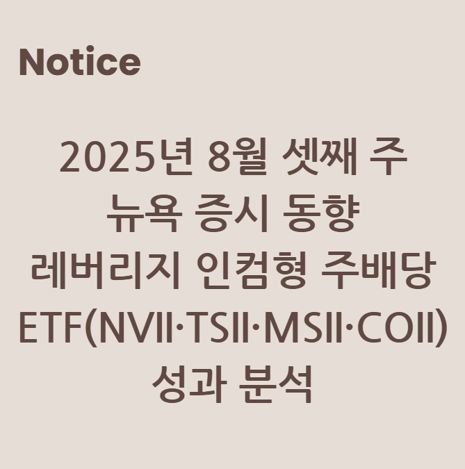 2025년 8월 셋째 주 뉴욕 증시 동향 &amp; 레버리지 인컴형 주배당 ETF(NVII·TSII·MSII·COII) 성과 분석