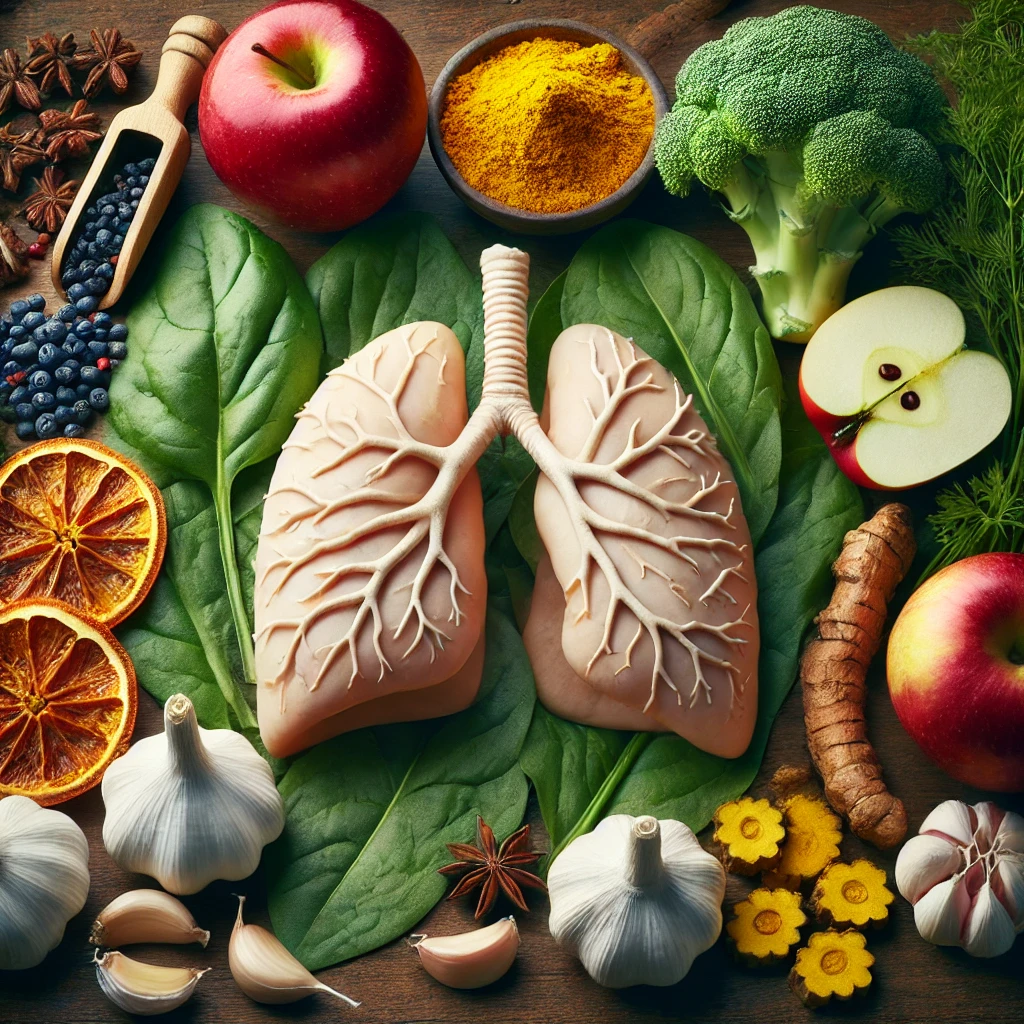 " A selection of lung-healthy foods, including garlic, turmeric, apples, and leafy greens"