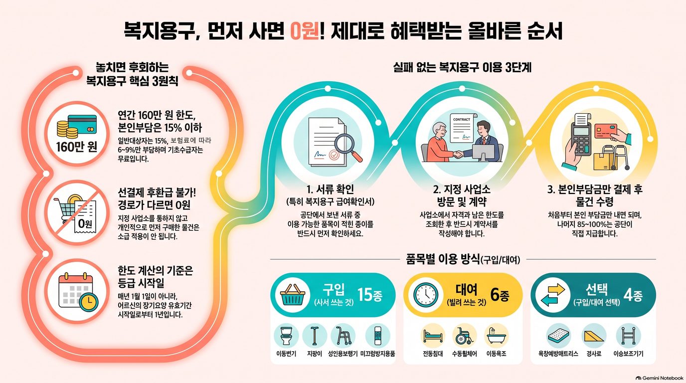 복지용구 핵심 세 가지와 이용 3단계를 곡선으로 이은 도표. 왼쪽에 연간 160만 원 한도와 본인부담 15% 이하, 선결제 후환급 불가로 경로가 다르면 0원, 한도 계산의 기준일은 1월 1일이 아니라 장기요양 유효기간 시작일이라는 세 원칙이 있고, 오른쪽에 서류 확인·지정 사업소 방문과 계약·본인부담금만 결제 후 물건 수령의 3단계가 있으며, 아래에 구입 15종·대여 6종·선택 4종의 품목 분류와 각 예시가 나란히 놓여 있다