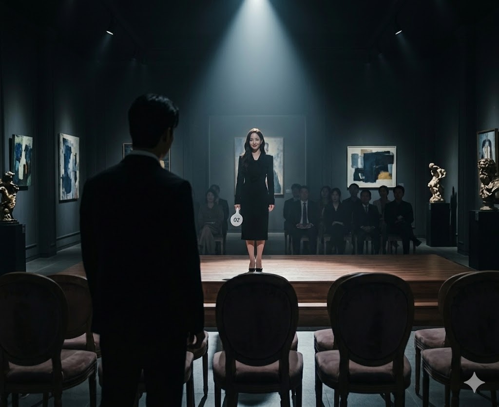 tvN 월화드라마 세이렌 화려한 조명이 비추는 프라이빗 갤러리 경매장에서 검은 드레스를 입은 박민영이 경매봉을 들고 있는 차가운 표정의 장면