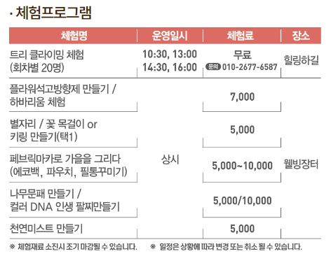 체험프로그램 일정 및 가격
