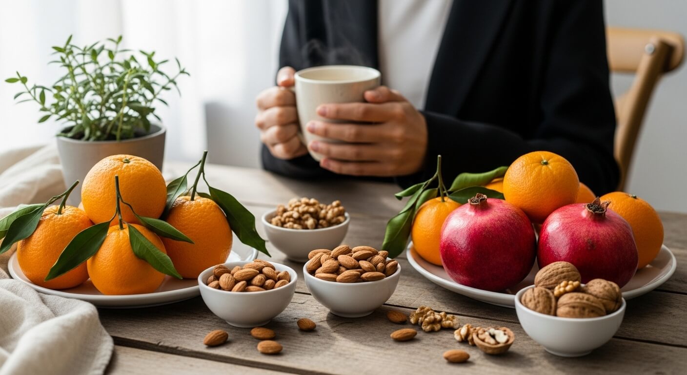 따뜻한 유자차와 겨울 제철 과일, 견과류가 놓인 아늑한 공간에서 겨울철 이너뷰티를 즐기는 모습.