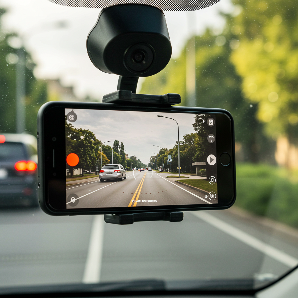 차량 내 공기계를 블랙박스로 활용해 도로 상황을 녹화하는 모습