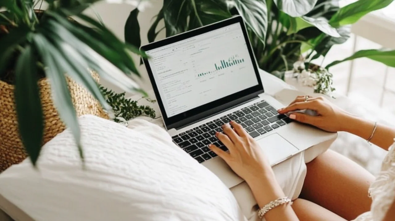 미국 고용지표 발표 후 투자자가 랩탑으로 ETF 포트폴리오를 분석하며 섹터별 리밸런싱 전략을 수립하는 장면에서 글로벌 ETF 포트폴리오 관리, 투자 재편, 데이터 기반 투자 방식을 강조