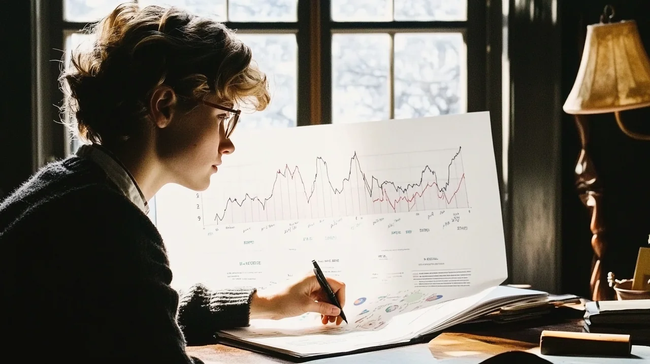 은퇴 대비를 위해 액티브 연금 ETF 성과, 위험, 수수료를 한눈에 볼 수 있는 비교 차트를 밝은 집 책상 위에서 분석하는 젊은 투자자 모습. 연금 계좌, 운용 전략, 가치 평가, 수익률 분석을 직관적으로 파악 가능.