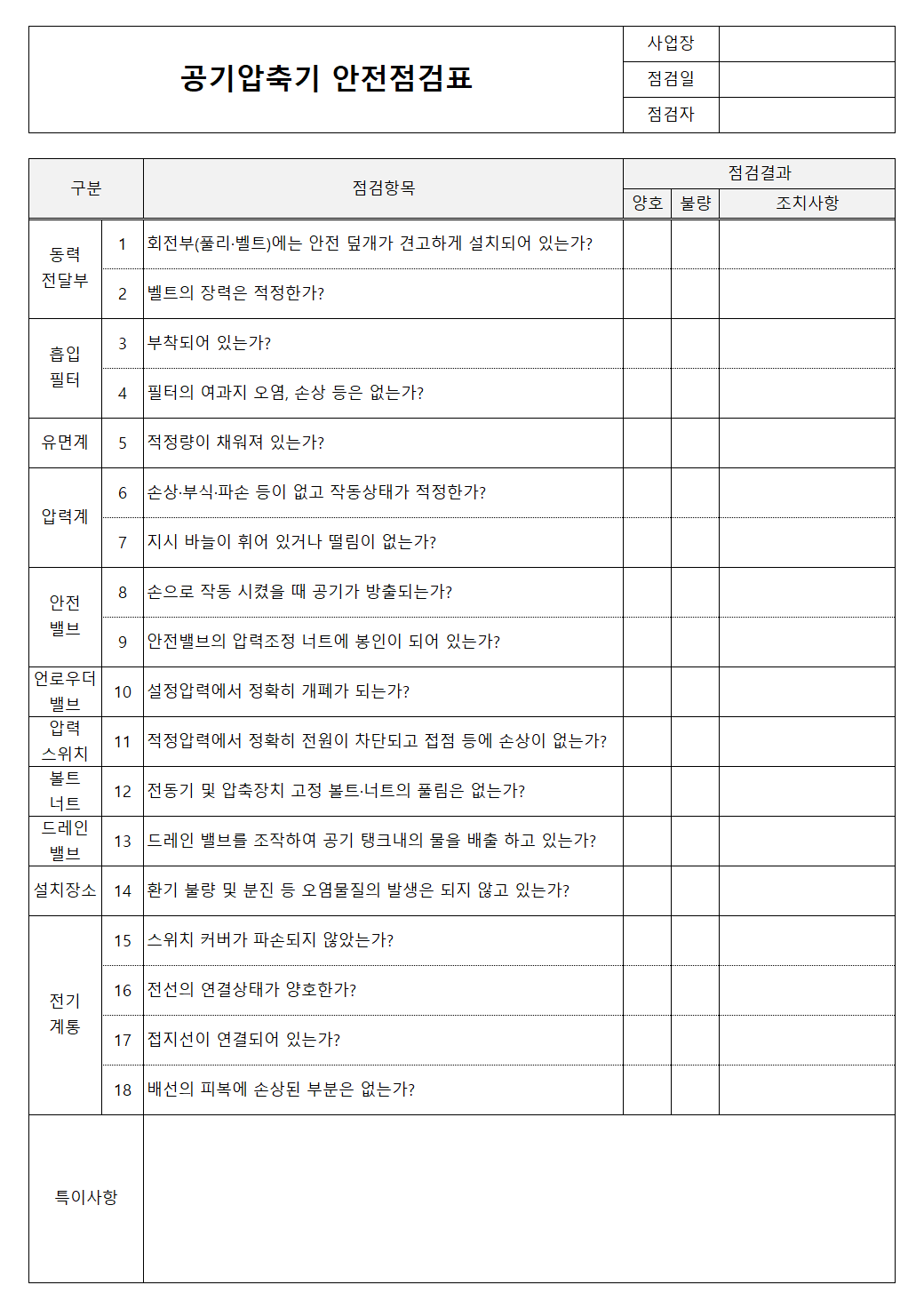 공기압축기 안전점검표