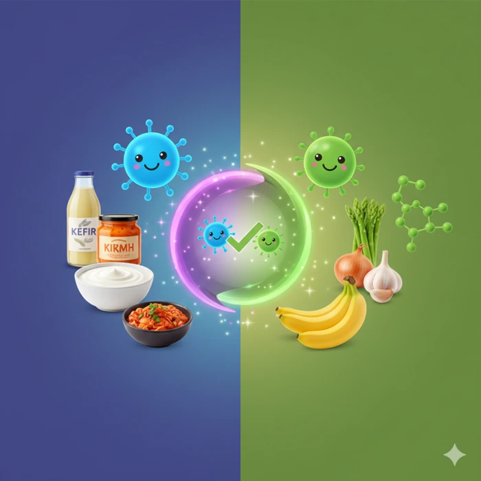 푸른색 배경에는 유산균 캐릭터와 유제품(요거트, 케피어, 김치)이, 초록색 배경에는 유익균 먹이 캐릭터와 채소(아스파라거스, 바나나, 양파, 마늘)가 대비되어 있으며, 중앙에서 두 요소가 상호작용하는 모습을 시각화한 이미지.