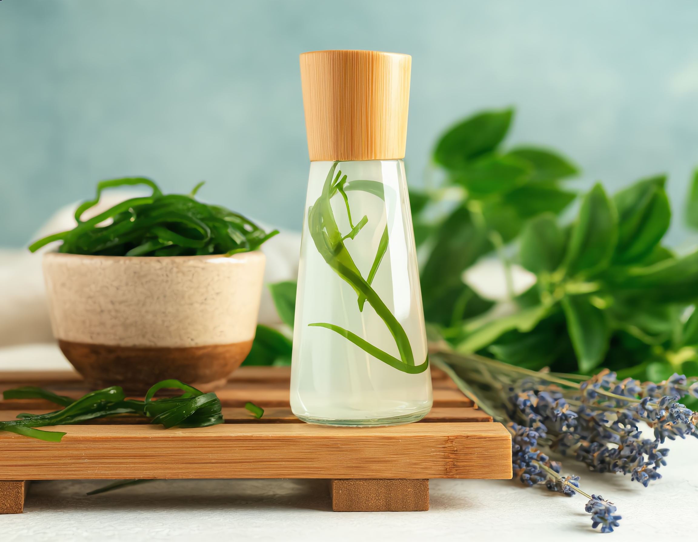**Output:** 
유리 병에 담긴 해조류 성분이 함유된 천연 화장품이 대나무 소재의 친환경 포장재 위에 우아하게 진열되어 있습니다. 바다풀과 라벤더가 배경의 나무 선반에 놓인 공간에서 부드러운 자연광이 제품의 유기적 질감을 강조하며, 청량한 파스텔 톤과 재활용 종자 포장지가 지속 가능한 분위기를 완성합니다.