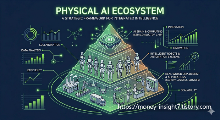 지컬 AI 생태계(Physical AI Ecosystem) 구조와 한국의 경쟁력 분석: AI 반도체 칩을 정점으로 지능형 로봇, 자동화 시스템, 그리고 공장·물류·서비스 등 실세계 적용 사례를 피라미드 형태로 시각화한 인포그래픽. 좌우에는 데이터 분석, 효율성, 혁신, 확장성을 나타내는 다양한 그래프가 배치되어 있음