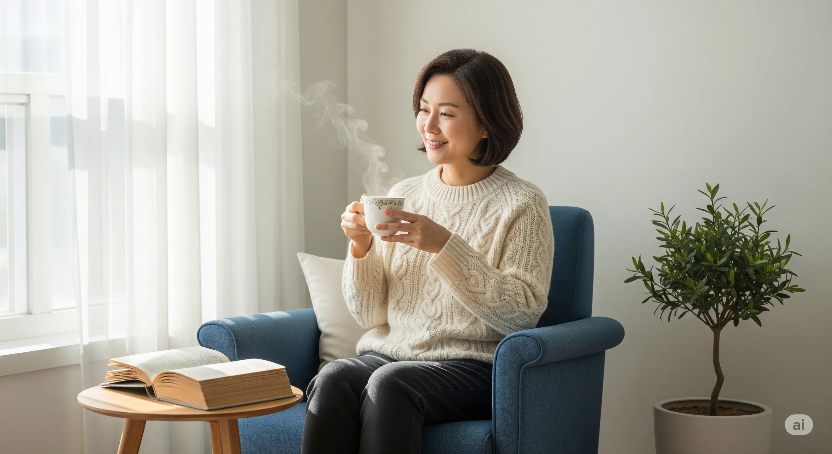 아보하, 중장년 혼자만의 평범한 시간을 특별하게 만드는 차를 마시고 있는 장면