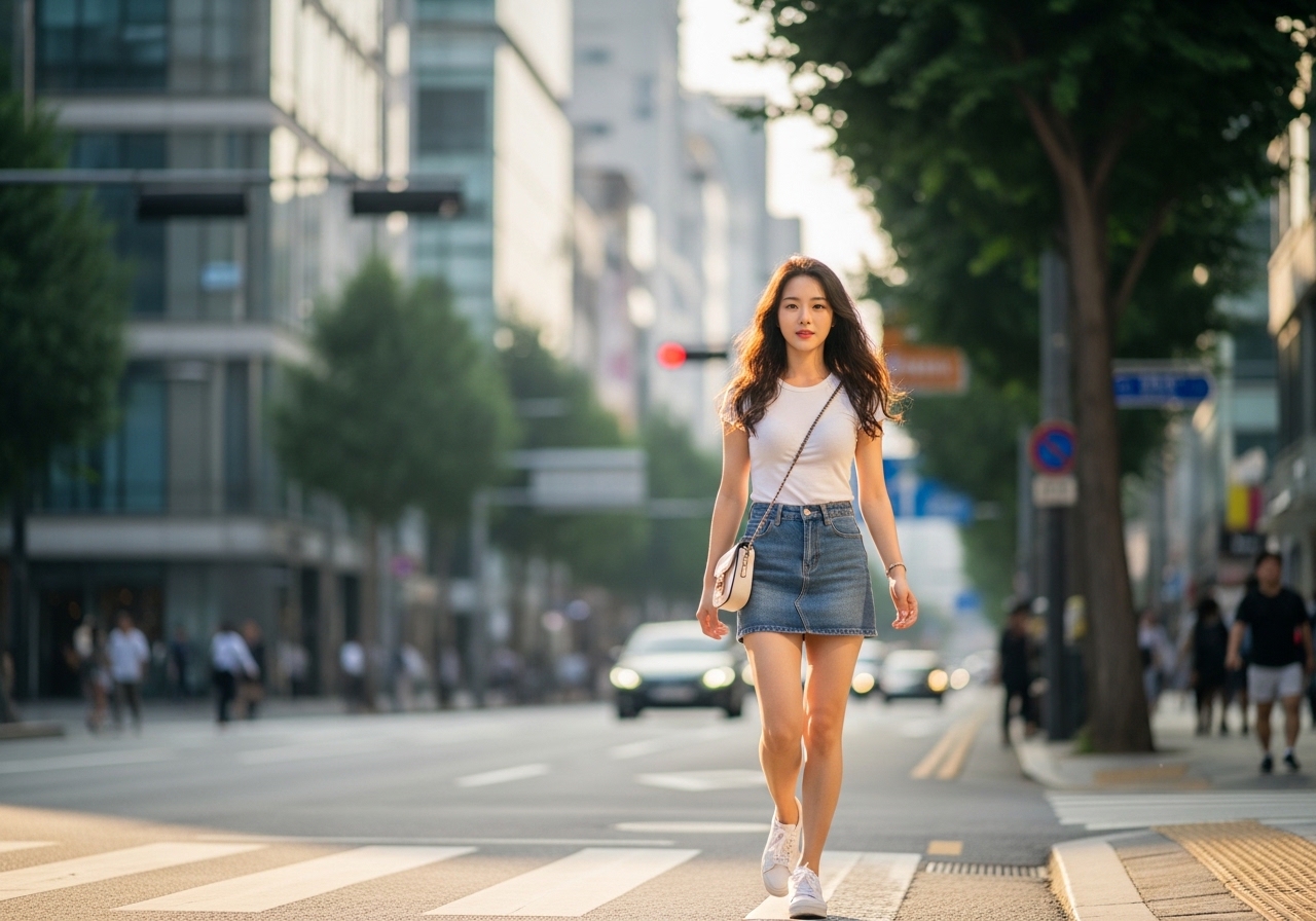 여름 햇살 아래 미니스커트를 입은 여성이 거리를 걷는 산뜻한 모습