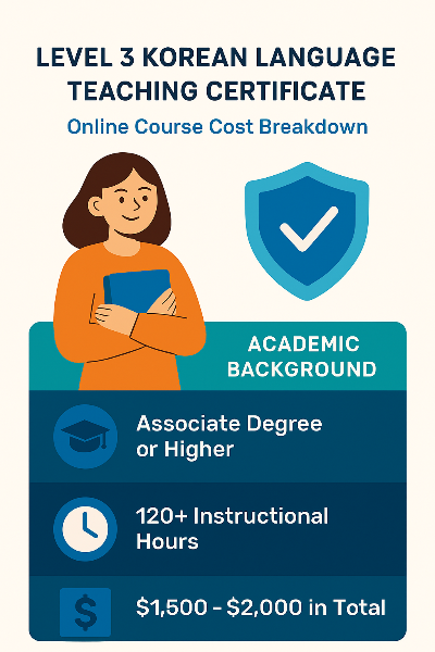 한국어 교원 3급 자격증을 취득하기 위한 최소 학력 조건(전문학사 이상), 120시간 이상의 강의 이수, 총비용 범위를 한눈에 보여주는 인포그래픽으로, 교육 배경과 수업 요건을 간단하고 시각적으로 이해하기 쉽게 정리한 구조이다.