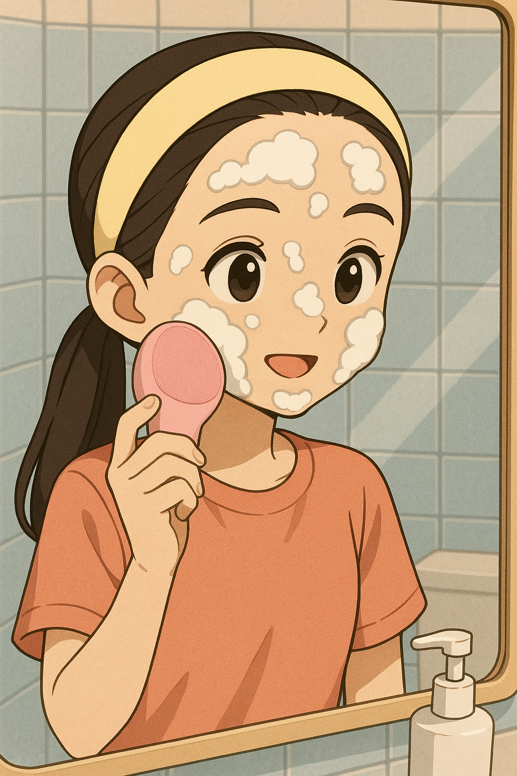 노란 헤어밴드를 착용한 소녀가 화장실 거울 앞에서 실리콘 클렌징 디바이스로 얼굴의 클렌징 폼을 문지르고 있는 애니메이션 스타일 일러스트
