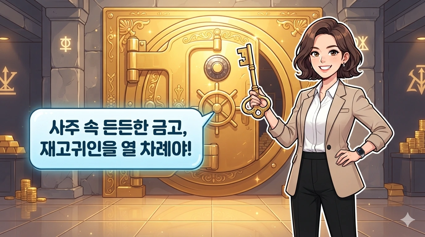 든든한 황금 금고 앞을 지키며 자신감 넘치게 미소 짓는 캐릭터와 말풍선이 어우러진 가로형 웹툰 일러스트