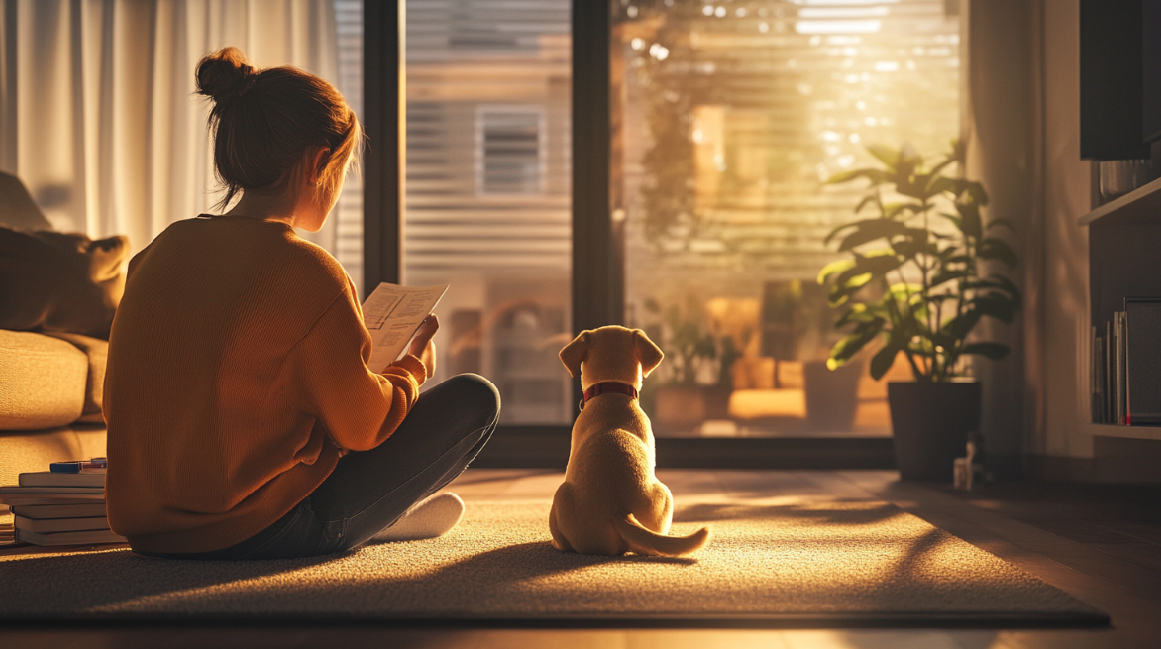 반려견과 편안한 시간을 보내는 소녀 사진