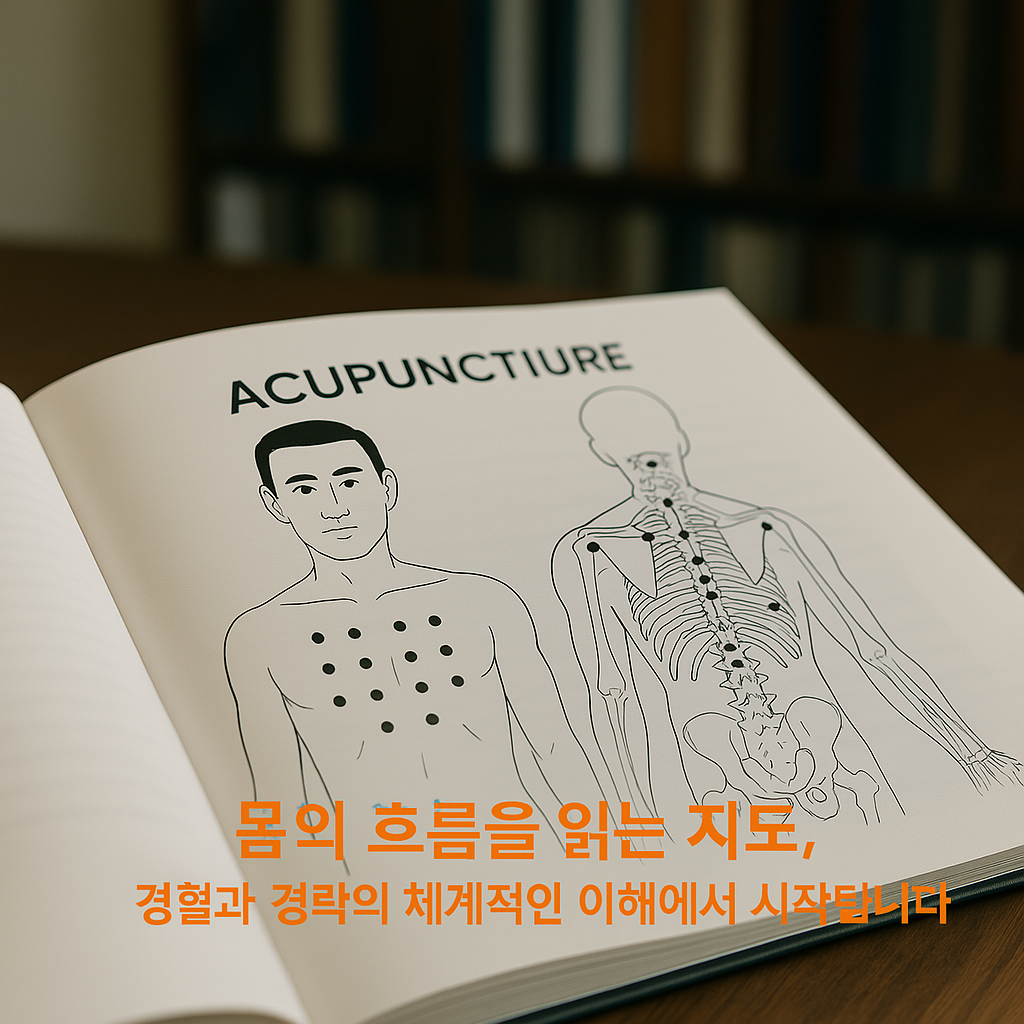 경혈 경락 지도가 그려진 한의학 책. 경혈을 통해 몸의 흐름을 체계적으로 이해하는 과정