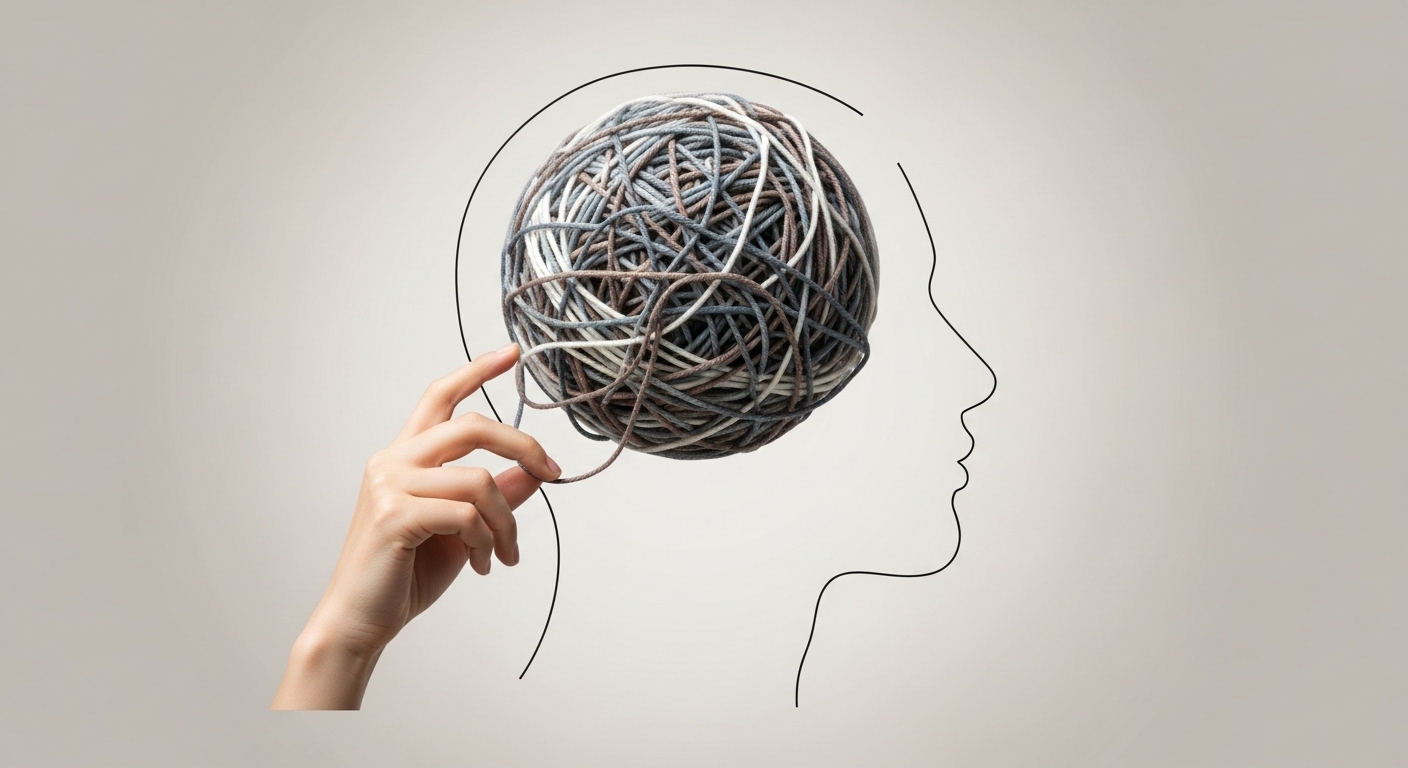 스트레스로 인해 복잡하게 엉켜있는 머릿속을 상징하는 이미지. 한 손이 부드럽게 엉킨 실타래를 풀기 시작하며, MBTI를 통한 스트레스 원인 파악과 해결을 의미한다.