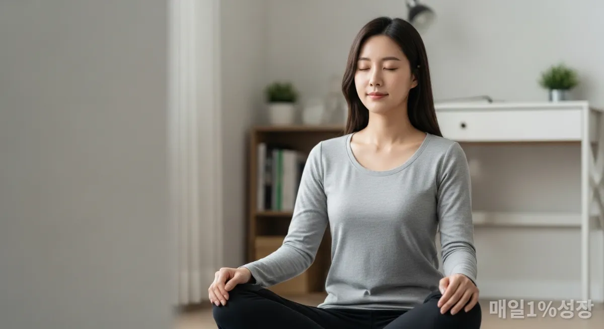 조용한 한국 아파트에서 명상하는 젊은 한국 여성