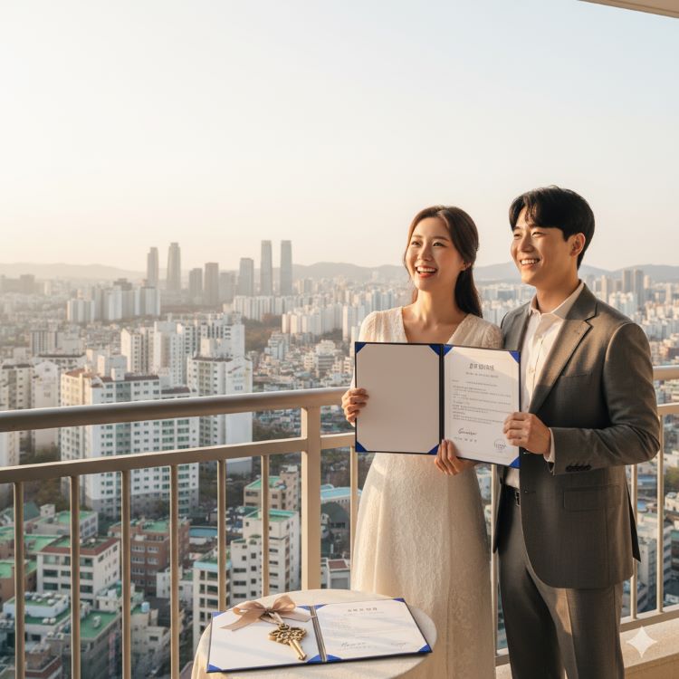 서울 마천루와 신혼부부가 함께 손에 전세 계약서를 들고 환하게 웃는 모습, 배경엔 열쇠 다발과 임차보증금 계약서, 도시 고층 아파트
