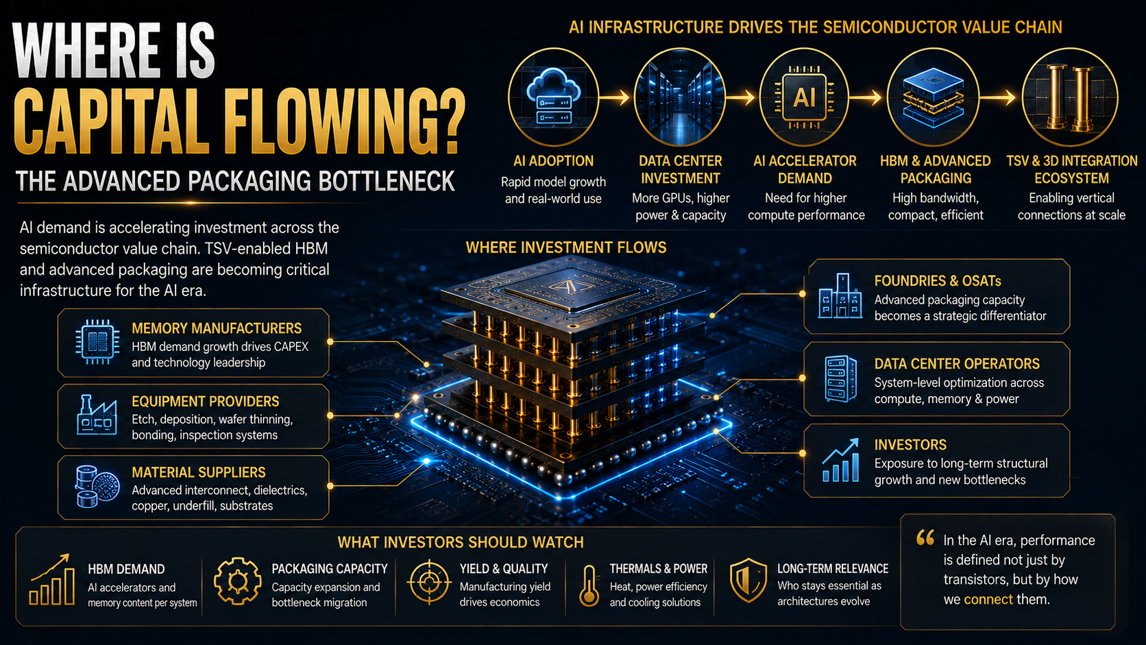 AI semiconductor capital flow into HBM TSV advanced packaging equipment materials foundries and OSATs