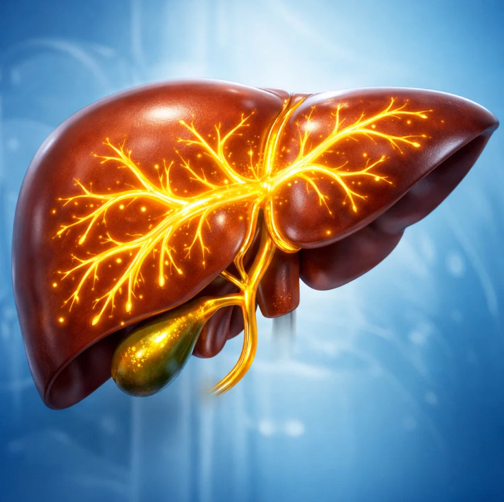 담즙 흐름을 상징하는 빛나는 담도와 담낭이 강조된 간 구조 일러스트