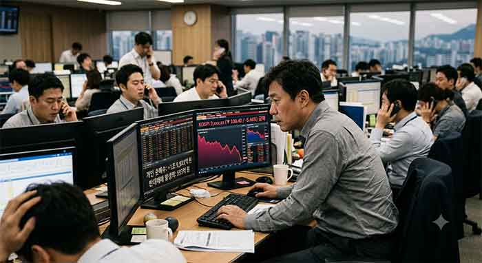 코스피 급락 수치와 그래프가 표시된 모니터를 지켜보는 증권사 객장 모습입니다.